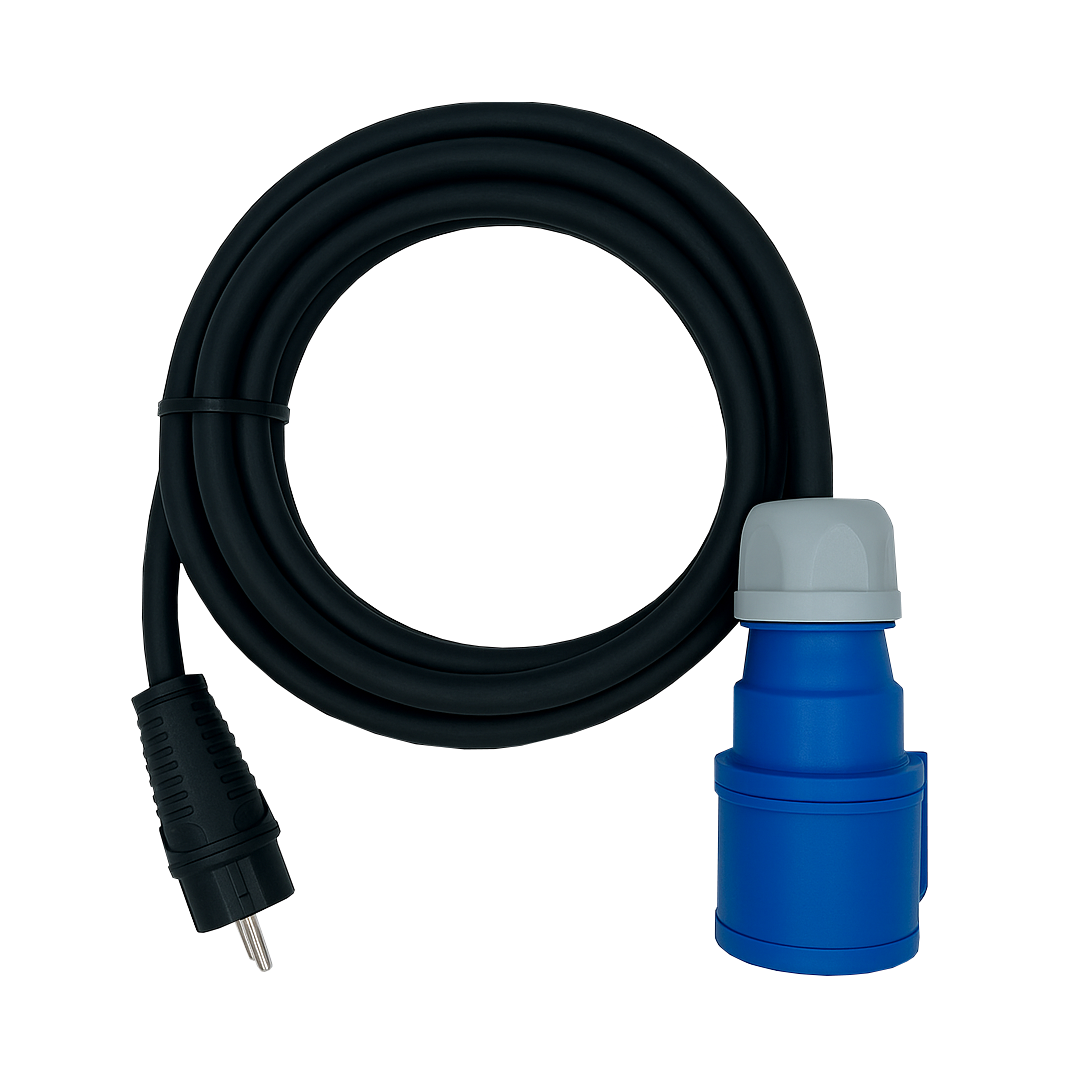 Adapterkabel mit CEE Steckdose blau und 220 Volt Stecker 3 mtr.